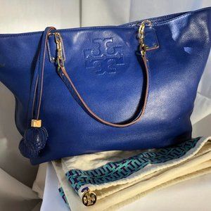 Tory Burch Blue Tote/Shoulder Bag Tumbled Gold Chain Logo Tassel